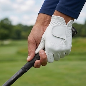 Puede incluir: Un guante de golf blanco con un diseño texturizado se sostiene en un palo de golf. El guante tiene un cierre de correa y pequeñas perforaciones. El palo de golf es negro con el texto "UMBRANDED - 105". El fondo es un campo de golf verde.