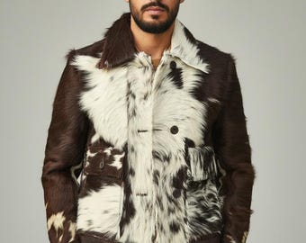 Men's Genuine Hair-On Cowhide Jacket | Black White Cow Print Western Cowboy Coat