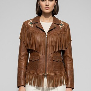 Women's Brown Leather Fringe Jacket | Native American Embroidery | Western Cowboy Coat | Handmade Boho Tassel | Custom Size | Gift For Her