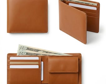 Men's Full Grain Leather Bifold Wallet | Slim Card Holder with Coin Pocket