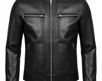 Men's Black Leather Cafe Racer Jacket | Slim Fit Genuine Moto Coat