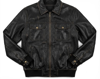 1980s Distressed Black Leather Bomber Jacket | Genuine Full-Grain, Oversized Fit, Artisan Stitched