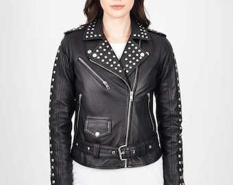 Women's Black Studded Nappa Leather Biker Jacket – Fitted Brando Style Coat