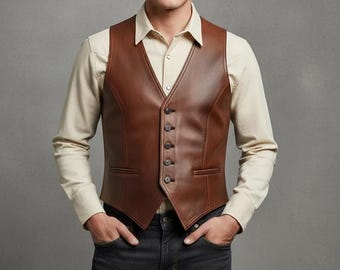 1970s Brown Leather Dress Vest | Slim Fit Genuine Waistcoat, Cognac Button Up