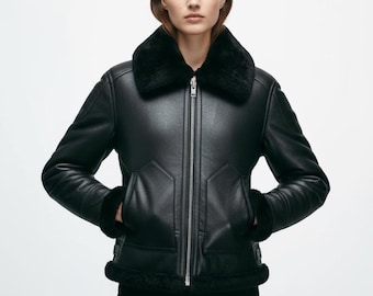 Black Shearling Leather Bomber Jacket | Genuine Fur Collar Aviator Coat