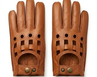 Genuine Leather Driving Gloves | Tan Open Back Brass Snap Button
