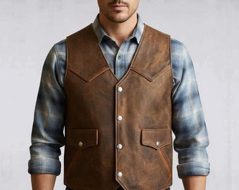 1980s Distressed Genuine Leather Western Vest | Handmade Biker Waistcoat Gift Him