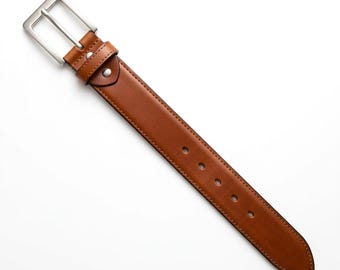Men's Genuine Leather Dress Belt | Tan Smooth Full-Grain Leather, Silver Buckle