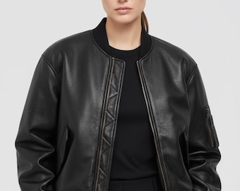1990s Black Leather Bomber Jacket | Oversized Retro Unisex Coat