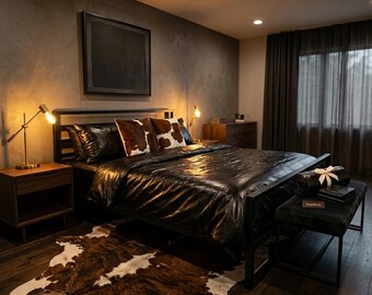 Set di lenzuola in vera pelle con federe / Biancheria da letto in pelle di agnello nera / Arredamento di lusso per la casa, matrimoniale/king size / Regalo di anniversario per lui, fatto a mano