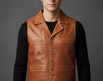1970s Genuine Leather Vest | Western Cowboy Style, Shearling Lined Waistcoat