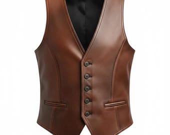 Chaleco de vestir vintage de cuero marrón para hombre de los años 70 / Chaleco ajustado de cuero genuino / Chaleco abotonado color coñac / Regalo para él / Talla personalizada