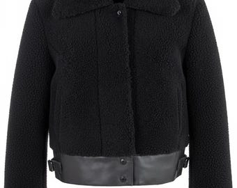Black Teddy Shearling Cropped Bomber Jacket | Genuine Leather Trim, Handmade Cozy Coat