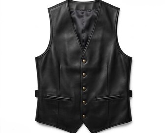 Men's Black Genuine Leather Dress Vest | Slim Fit Waistcoat, Custom Size Option