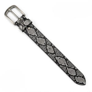 May include: A gray and black snakeskin-patterned belt with a silver-colored buckle. The belt is made of a textured material and has a classic design. The belt is a fashion accessory.