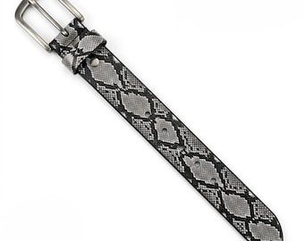 Men's Python Snake Print Leather Belt | Black Grey Genuine Leather Western Style