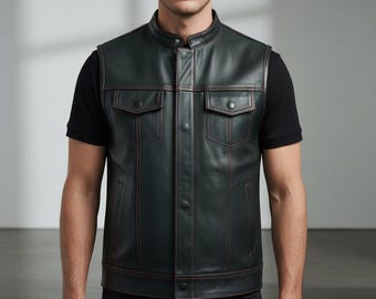 Men's Black Leather Biker Vest | Red Stitch Paisley Liner, 8 Pockets