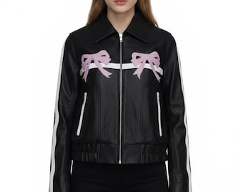Black Leather Cropped Bomber Jacket | Pink Bows, Racing Stripes, Y2K Style