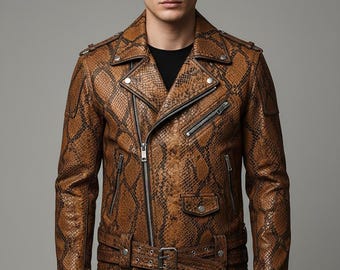 Men's Brown Embossed Python Leather Biker Jacket – Genuine Snakeskin Moto Coat Western Style