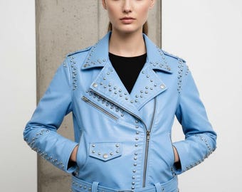 Baby Blue Studded Leather Biker Jacket | Silver Stud Moto Coat, Brando Style