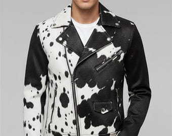 Black White Hair-On Cowhide Biker Jacket | Genuine Cow Print Leather Moto Coat (Custom Size)