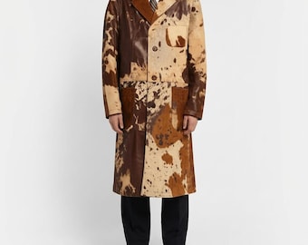 Genuine Cowhide Patchwork Long Trench Coat | Hair On Leather Overcoat | Western Luxury