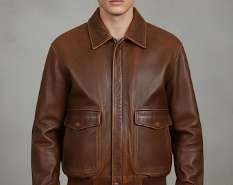 Distressed Brown Leather Bomber Jacket: 1990s Retro Oversized Fit, Genuine Full-Grain Leather