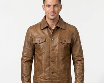 Men's Camel Brown Lambskin Leather Trucker Jacket | Classic Button Up Coat