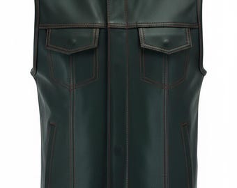Gilet da motociclista da uomo in pelle nera / Fodera con cuciture rosse e motivo paisley / Gilet da motociclista fatto a mano / 8 tasche / Taglia personalizzata / Regalo per lui