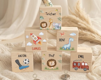 Spardose Personalisiert Kind süße Tiere | Spardose aus Holz | Spardose Kind | Geschenk zur Geburt | Taufgeschenk | Geschenkidee für Kinder
