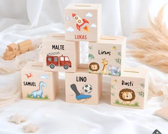 Gepersonaliseerde houten spaarpot met metalen slot – kleurrijk & met naam – geweldig cadeau voor kinderen voor doop, schoolinschrijving of verjaardag
