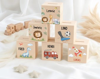 Personalisierte Spardose aus Holz mit Metallschloss – bunt & mit Namen – tolles Geschenk für Kinder zur Taufe, Einschulung oder Geburtstag