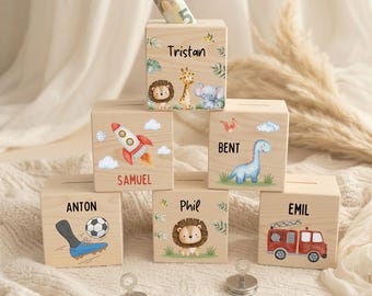 Personalisierte Spardose aus Holz mit Metallschloss – bunt & mit Namen – tolles Geschenk für Kinder zur Taufe, Einschulung oder Geburtstag