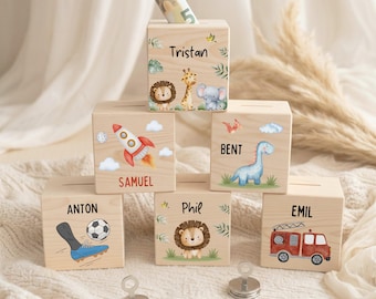 Personalisierte Spardose aus Holz mit Metallschloss – bunt & mit Namen – tolles Geschenk für Kinder zur Taufe, Einschulung oder Geburtstag