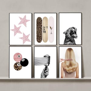 May include: A gallery wall set of six framed prints featuring pink glitter stars, three skateboards with leopard print and the text C'EST LA VIE, a roaring leopard, three billiard balls, a hairbrush styling hair, and a person brushing blonde hair.