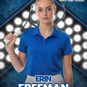 May include: A promotional image for Main High School featuring a young woman holding a tennis racket. The text at the top reads "CAVALIERS" and "Main High School". The name "ERIN FREEMAN" is displayed prominently, with "SENIOR 2026" below.