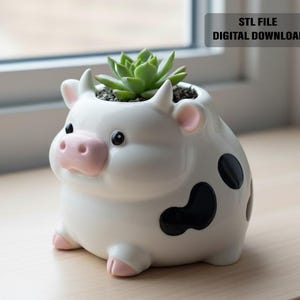 Archivo de impresión 3D de maceta con forma de vaca regordeta / Maceta kawaii para suculentas, organizador de escritorio (descarga digital)