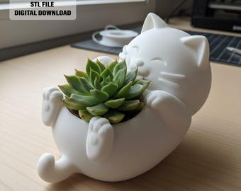 Vaso para suculentas em formato de gato kawaii - Arquivo STL | Modelo para impressão 3D (Download digital)