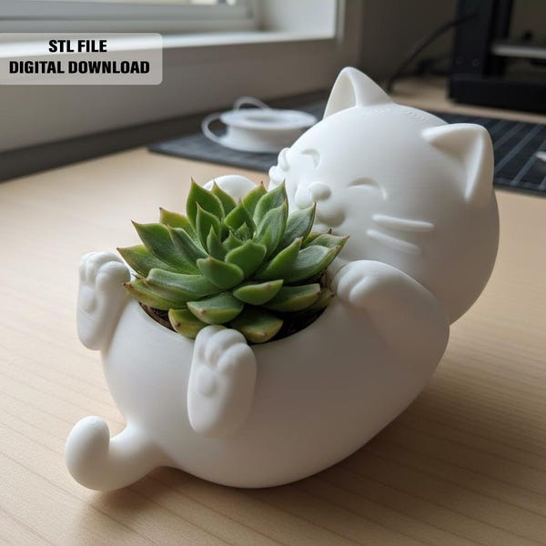 Kawaii kat succulente plantenbak STL-bestand | 3D-printmodel (digitale download)