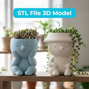 以下が含まれることがあります： 2つの気まぐれな人型のプランター。1つは水色、もう1つは白で、それぞれ植物が入っています。青いプランターは顔を支える手があり、白いプランターは帽子のような上部があります。「STL File 3D Model」というテキストが青いバナーに表示されています。