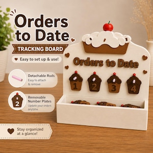 May include: A white wooden "Orders to Date" tracking board with cupcake-shaped number plates. The board has a decorative top with a red cherry and the text "Orders to Date". Includes detachable rods and removable number plates.