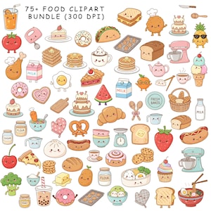 Peut inclure: Une collection de 75+ illustrations de cliparts alimentaires, comprenant une variété de produits de boulangerie, de fruits et de boissons. L'image présente une variété d'aliments mignons de style dessin animé, tels que des beignets, des gâteaux et des sandwichs. Le texte "75+ FOOD CLIPART BUNDLE (300 DPI)" est en haut.