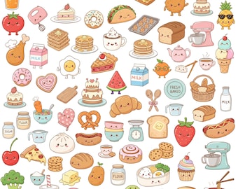 Kawaii Food and Kitchen Clipart Bundle l Cute Food Stickers Pack l Baking & Cooking Clipart PNGs (Digital Download)