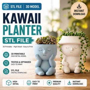 Puede incluir: Dos macetas Kawaii, una azul claro y otra blanca, cada una con la forma de una persona con los ojos cerrados. La maceta azul claro contiene una suculenta, mientras que la maceta blanca tiene una planta colgante. Incluye el texto "STL FILE" y "Descarga instantánea".