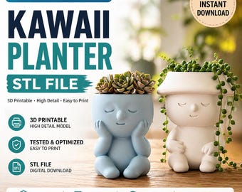 May include: Two Kawaii planters, one light blue and one white, each shaped like a person with closed eyes. The light blue planter holds a succulent, while the white planter has a trailing plant. The image includes text: "STL FILE" and "Instant Download."