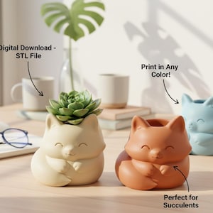 May include: Three fox-shaped succulent planters in cream, terracotta, and light blue. Each planter has a smiling face and is designed to hold small plants. The image includes the text "Digital Download - STL File" and "Print in Any Color!"