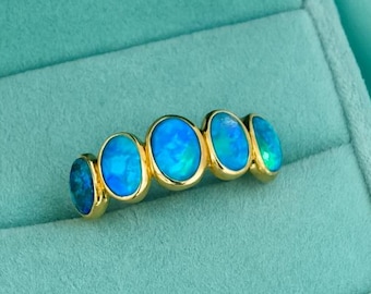 14k Gold Blue Opal Ring, Vintage Half Eternity Band