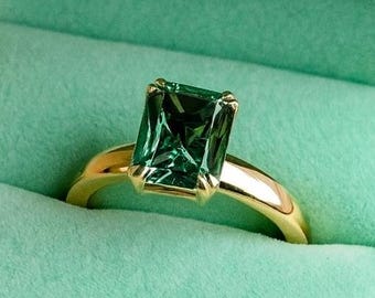 Teal Sapphire Engagement Ring: 14K Gold Solitaire Bridal Ring