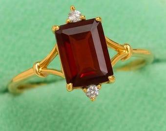 Solid Gold Emerald Cut Lab Ruby Engagement Ring, CZ Accents