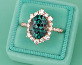 Alexandrite Engagement Ring: Oval Cut, White Gold Cluster Halo, Moissanite Bridal Ring